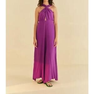 NWT Farm Rio Purple Wide Leg Halter Neckline Jumpsuit Sz L Travel Vacation